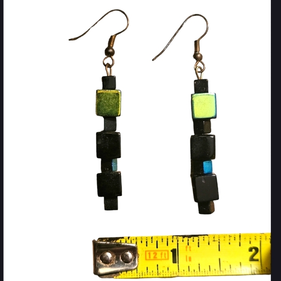 Hematite Cube Dangle Color Shifting Earrings Iridescent Black Blue Metallic - Picture 2 of 6